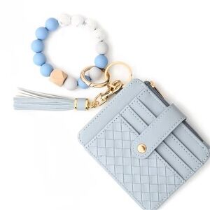 Chic Sky Blue Woven Card Holder with Beaded Keychain